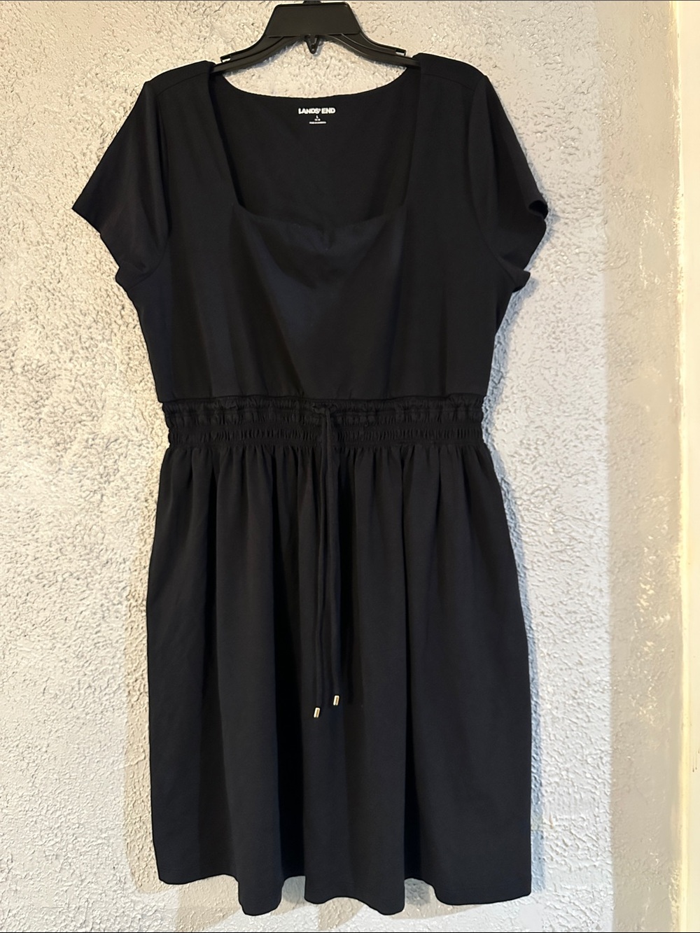 Lands' End Black Short-Sleeve Smocked-Waist Dress